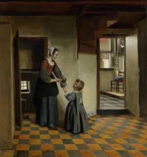 Woman with a child in a pantry